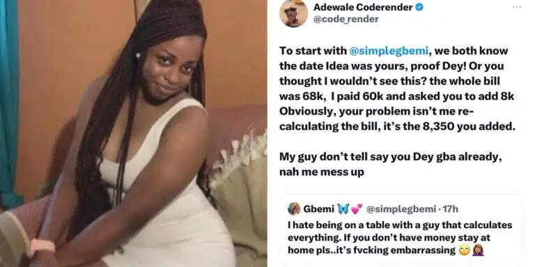 Nigerian man embarrasses lady by countering claims of being broke on a date, stating, 'I paid 60k, asked you to add 8k