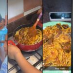 Netizens are not impressed as Regina Daniels, the wife of a billionaire, cuts fish while preparing spaghetti, comparing her to themselves.