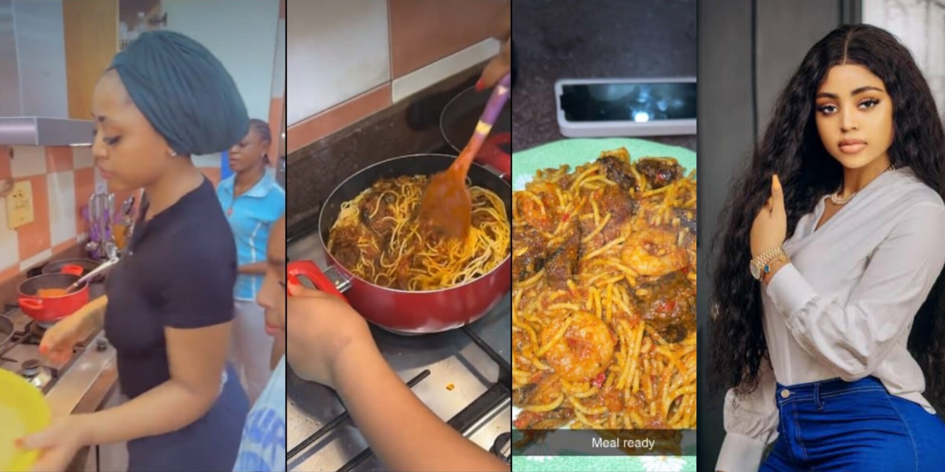 Billionaire wife dey cut fish like me” – Netizens unimpressed as Regina Daniels prepares spaghetti (Watch)
