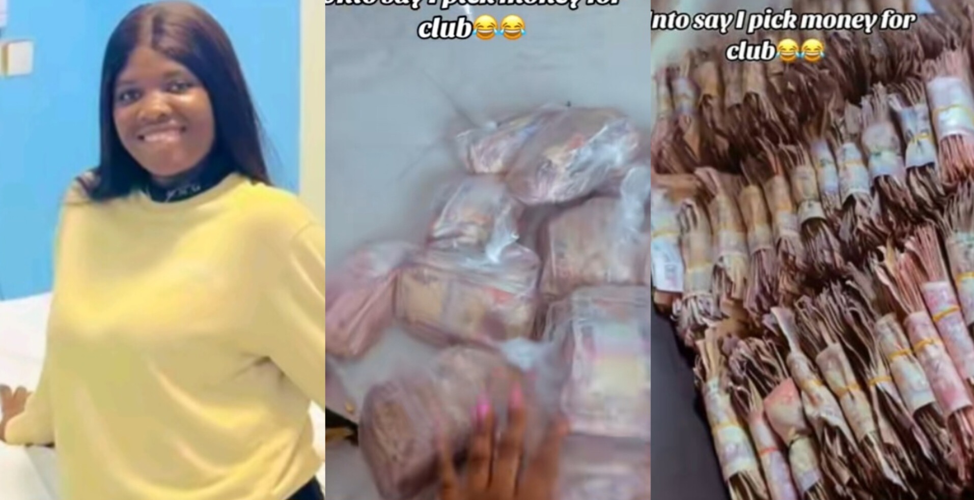 A Nigerian lady finds and proudly shows off ₦100 notes she picked up in nightclubs.