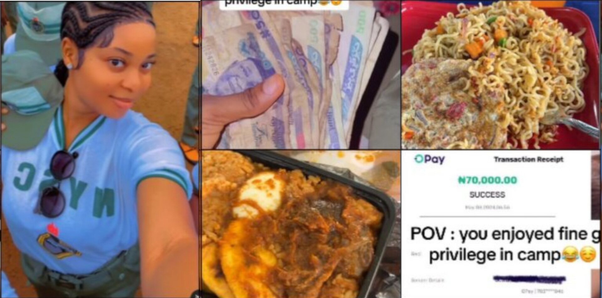 Person shows off money and food gotten for being pretty at NYSC camp.
